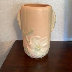 1930s 40s Weller Pottery 2 Handled Wild Rose Dogwood 7.5” Matte Peach Green
